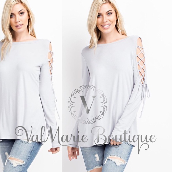 Gray Laceup sleeve top - Picture 3 of 4